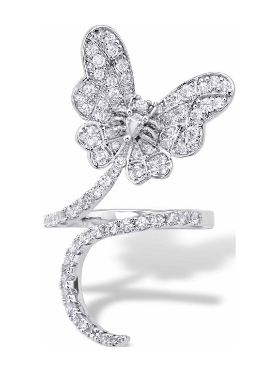 Cubic Zirconia Flower or Butterfly Wraparound Ring Platinum-Plated