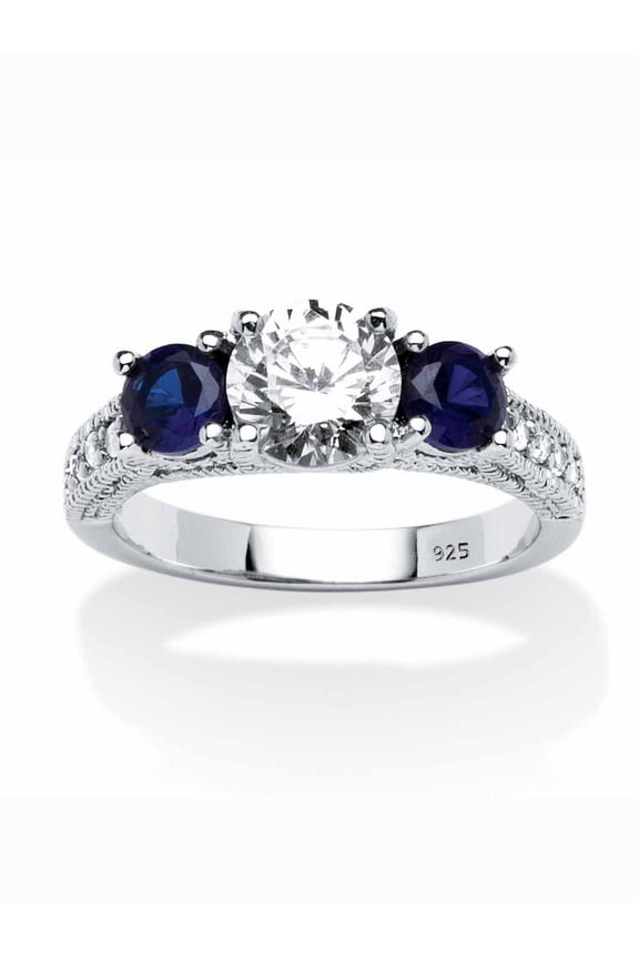 Cubic Zirconia and Simulated Blue Sapphire 3-Stone Bridal Ring 2.47 TCW in Sterling Silver