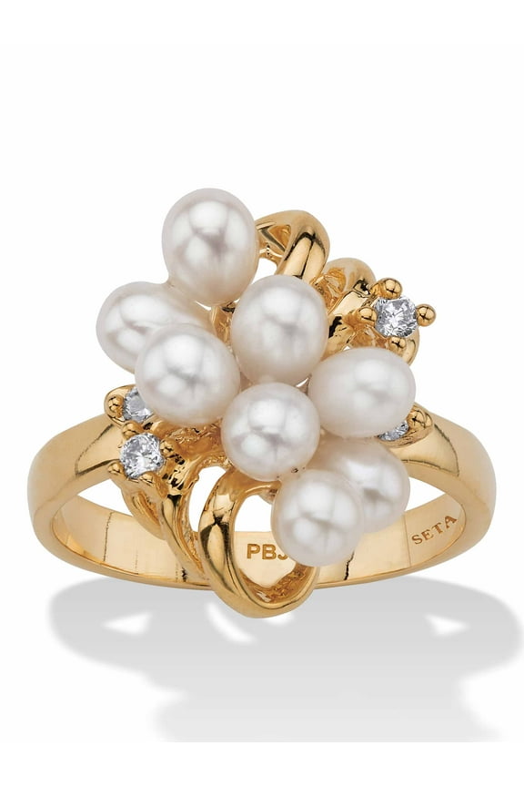 Cultured Freshwater Pearl and Crystal Accent Cluster Cocktail Ring Yellow Gold-Plated