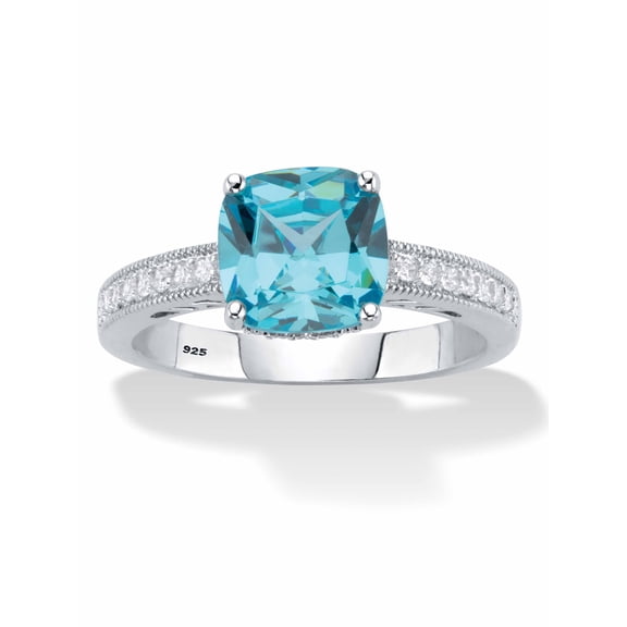 PalmBeach Jewelry Cushion-Cut Blue and White Round Cubic Zirconia Milgrain Ring 1.89 TCW Sterling Silver