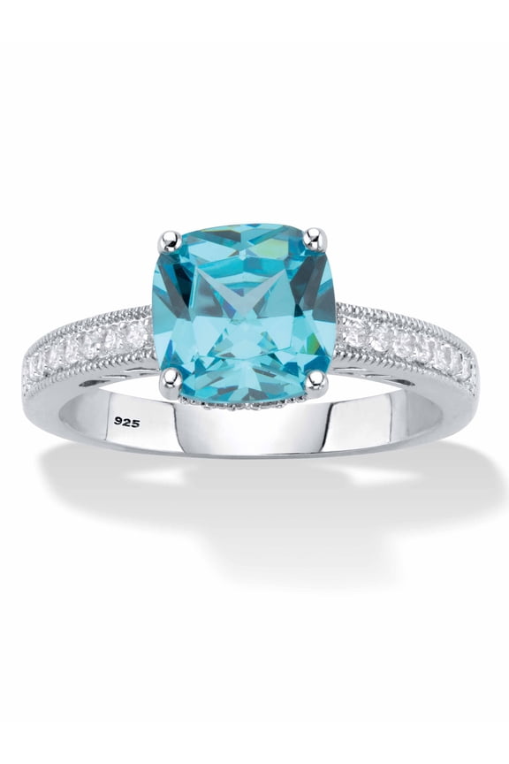 Cushion-Cut Blue and White Round Cubic Zirconia Milgrain Ring 1.89 TCW Sterling Silver