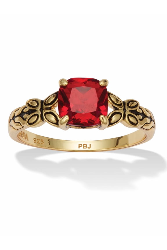 Cushion-Cut Simulated Birthstone Butterfly and Scroll Ring in Antiqued Gold-plated Sterling Silver