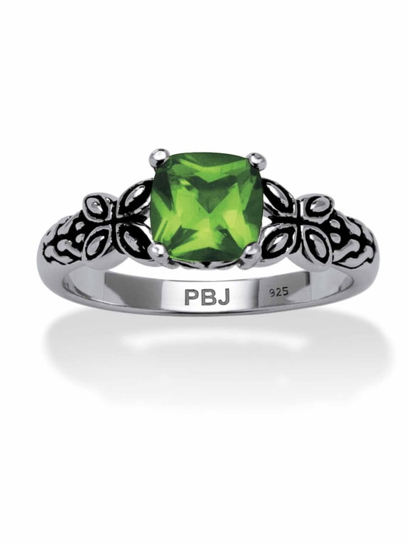 Cushion-Cut Simulated Birthstone Butterfly and Scroll Ring in Antiqued Sterling Silver