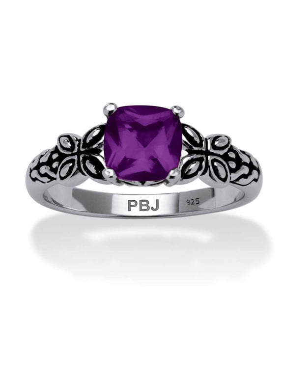 Cushion-Cut Simulated Birthstone Butterfly and Scroll Ring in Antiqued Sterling Silver