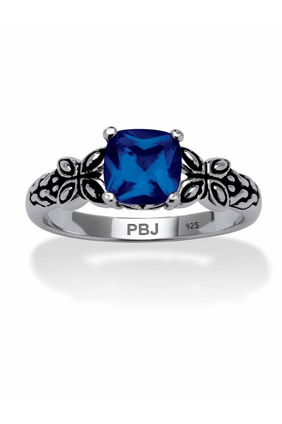 Cushion-Cut Simulated Birthstone Butterfly and Scroll Ring in Antiqued Sterling Silver
