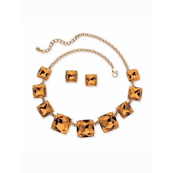 PalmBeach Jewelry Cushion-Cut Simulated Birthstone Crystal 2-Piece Necklace and Stud Earrings Set in Goldtone Adjustable 18"-21"