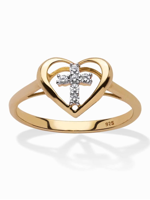 Diamond Accent Floating Cross Heart Ring in 18k Yellow Gold-plated Sterling Silver