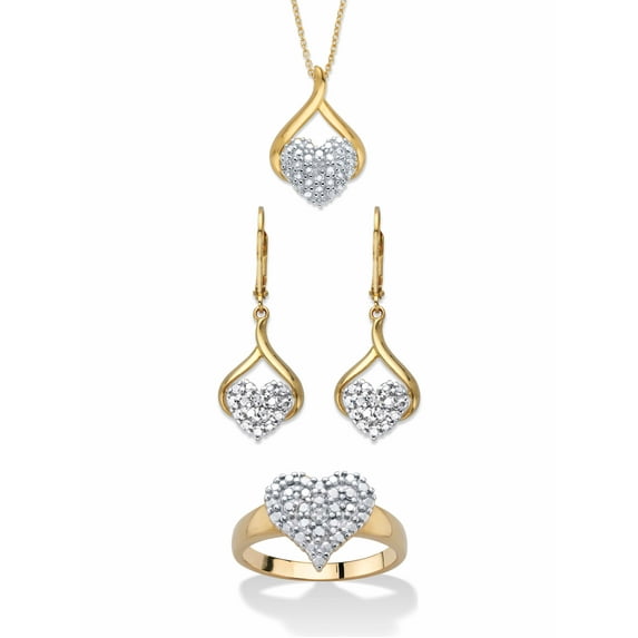 PalmBeach Jewelry Diamond Accent Two-Tone 3-Piece Cluster Heart Necklace, Earring and Ring Set Gold-Plated 18"