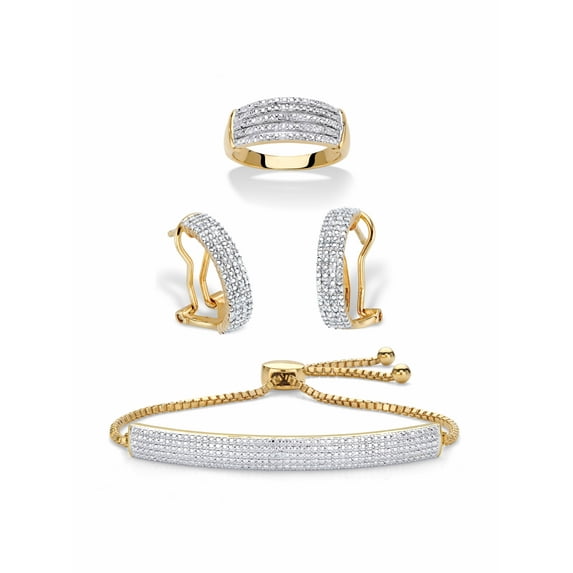 PalmBeach Jewelry Diamond Accent Two-Tone Gold-Plated 3-Piece Pave-Style Ring, Demi-Hoop Earring and Adjustable Bolo Bracelet Set 9"
