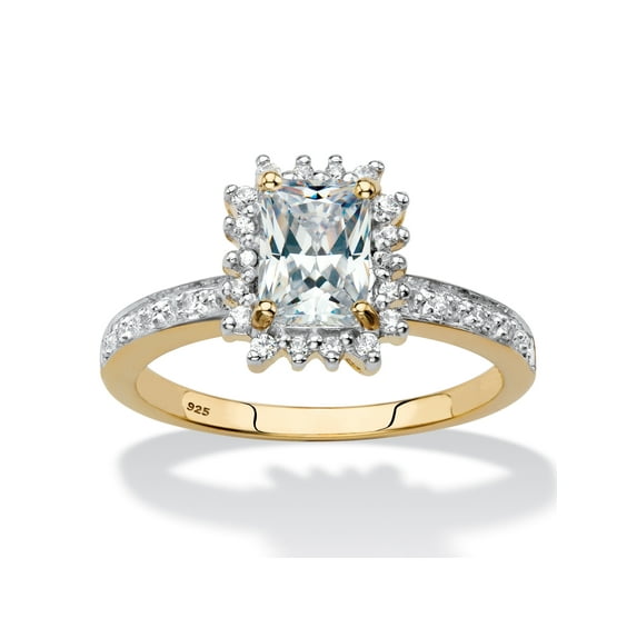 PalmBeach Jewelry Emerald-Cut Created White Sapphire and Diamond Accent Halo Engagement Ring 1.60 TCW in 18k Gold-plated Sterling Silver