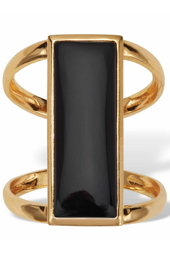 Emerald Cut Genuine Black Onyx Bezel Set Cabachon Ring in 18k Gold-plated Sterling Silver
