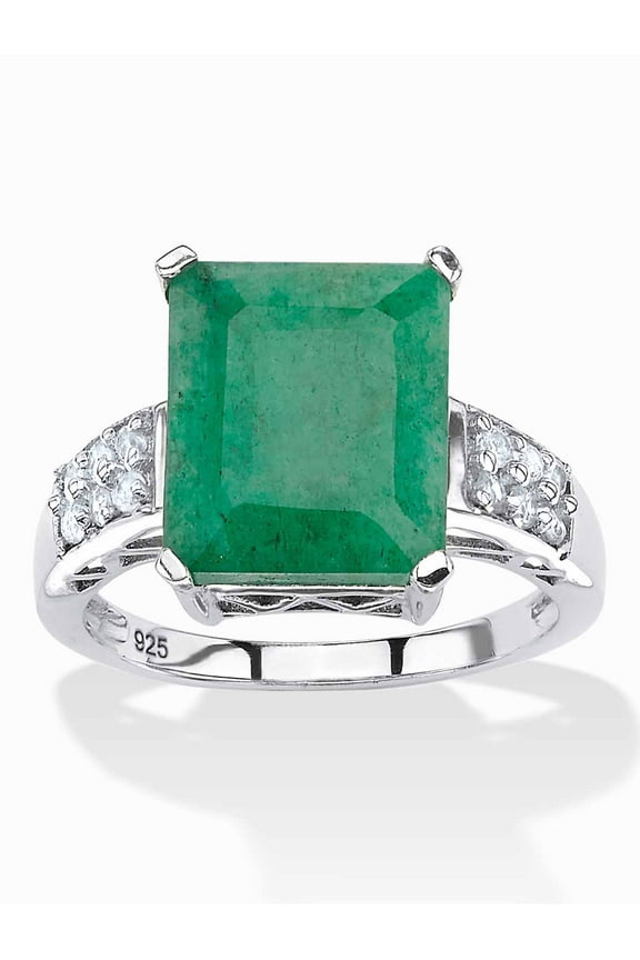 Emerald-Cut Genuine Emerald or Sapphire and White Topaz Ring in 18K Gold-Plated or Sterling Silver