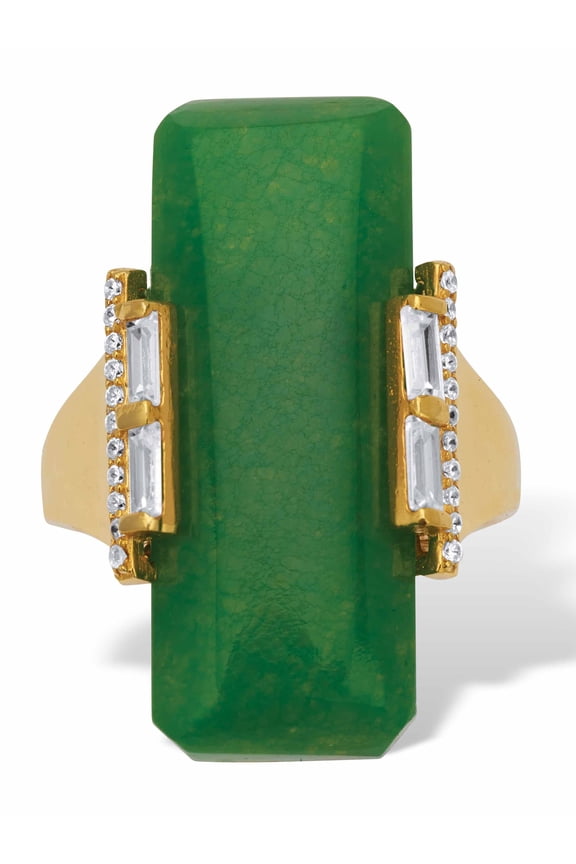 Emerald Cut Genuine Green Jade Cabochon Ring with Crystal Rounds and Baguettes in 18k Gold-plated Sterling Silver