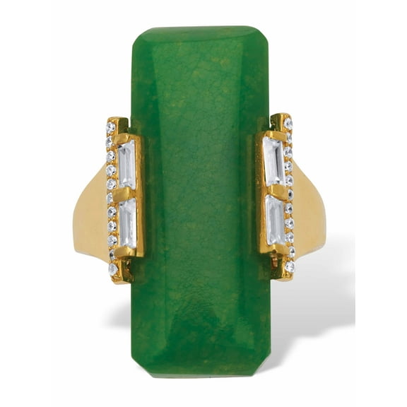 PalmBeach Jewelry Emerald Cut Genuine Green Jade Cabochon Ring with Crystal Rounds and Baguettes in 18k Gold-plated Sterling Silver