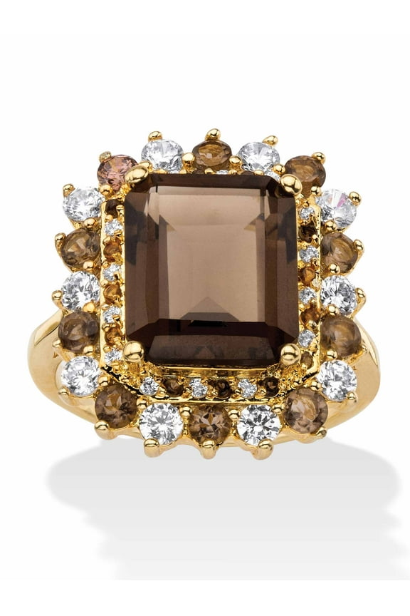 Emerald-Cut Genuine Smoky Topaz, Mystic Fire Purple or Blue Glass and CZ Accent Halo Cocktail Ring Gold-Plated