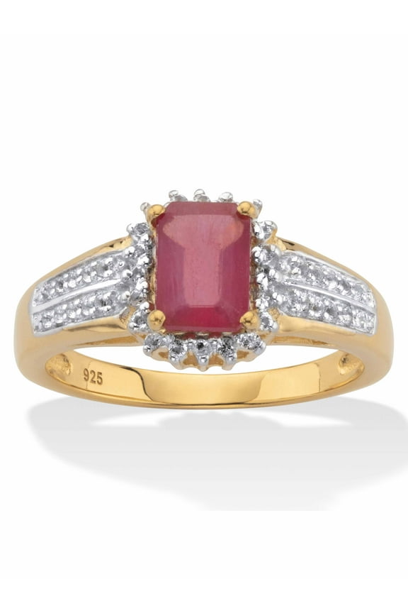 Emerald-Cut Ruby and White Topaz Two-Tone Double-Row Halo Cocktail Ring 3.15 TCW Gold-Plated Sterling Silver