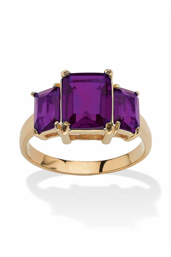 Emerald-Cut Simulated Birthstone 3-Stone Ring Gold-Plated or Sterling Silver