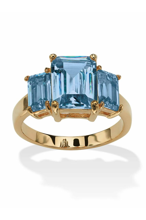 Emerald-Cut Simulated Birthstone 3-Stone Ring Gold-Plated or Sterling Silver