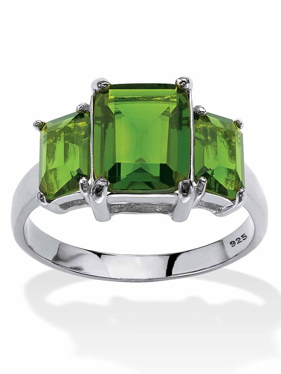 Emerald-Cut Simulated Birthstone 3-Stone Ring Gold-Plated or Sterling Silver