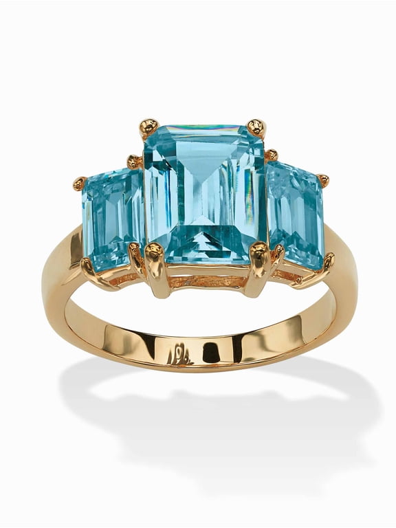 Emerald-Cut Simulated Birthstone 3-Stone Ring Gold-Plated or Sterling Silver