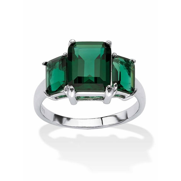 Emerald-Cut Simulated Green Emerald 3-Stone Ring in Sterling Silver