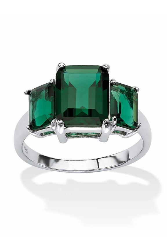 Emerald-Cut Simulated Green Emerald 3-Stone Ring in Sterling Silver