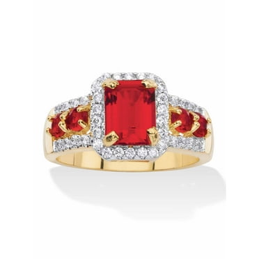 PalmBeach Jewelry Emerald-Cut Simulated Green Emerald or Red Ruby and Cubic Zirconia Halo Cocktail Ring Yellow Gold-Plated