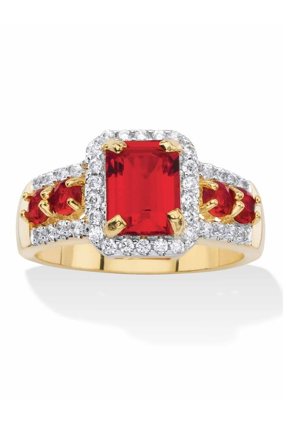 Emerald-Cut Simulated Green Emerald or Red Ruby and Cubic Zirconia Halo Cocktail Ring Yellow Gold-Plated