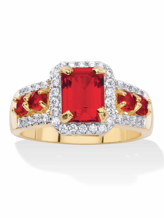 Emerald-Cut Simulated Green Emerald or Red Ruby and Cubic Zirconia Halo Cocktail Ring Yellow Gold-Plated