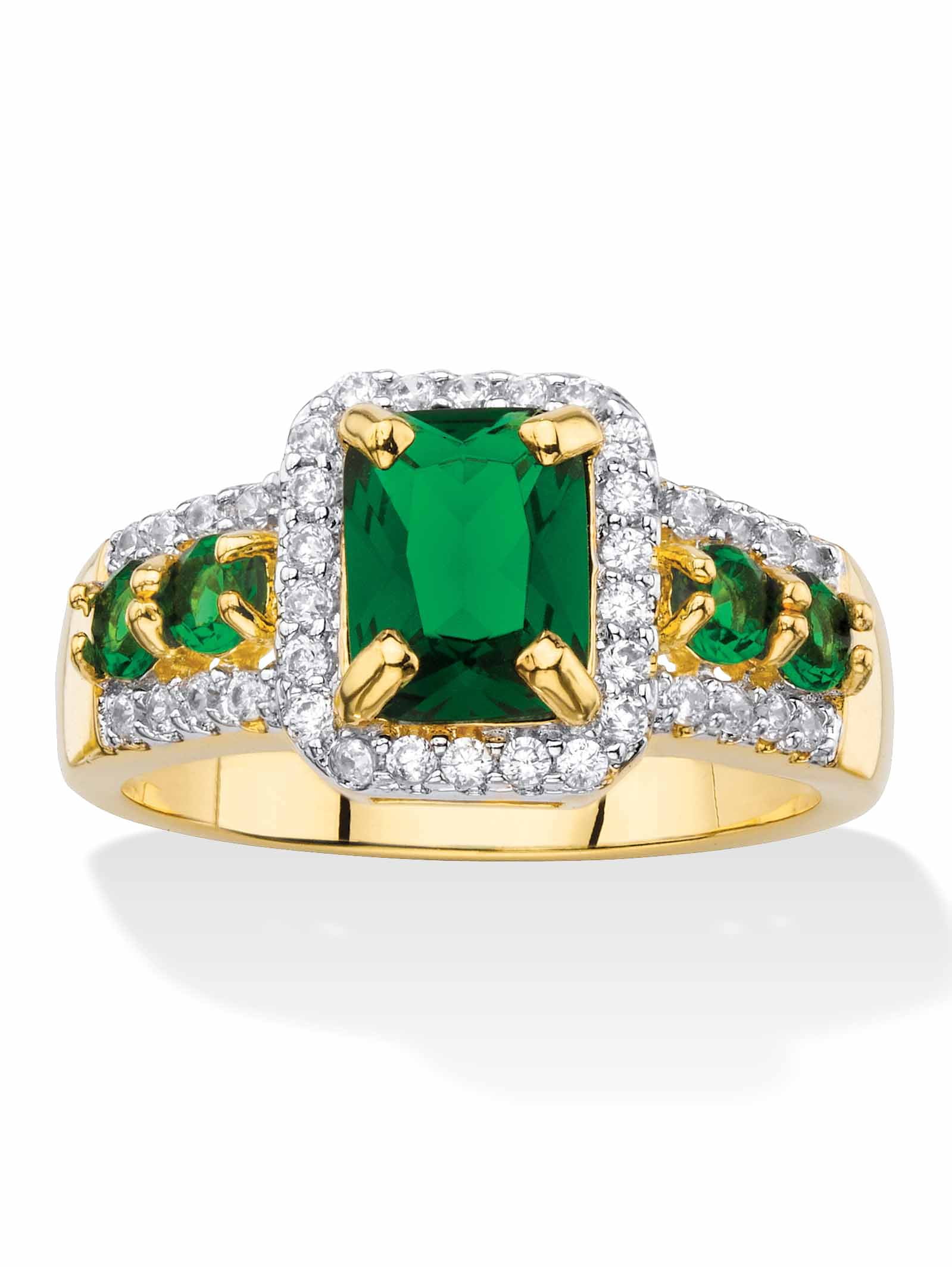 PalmBeach Jewelry Emerald-Cut Simulated Green Emerald or Red Ruby and Cubic Zirconia Halo Cocktail Ring Yellow Gold-Plated