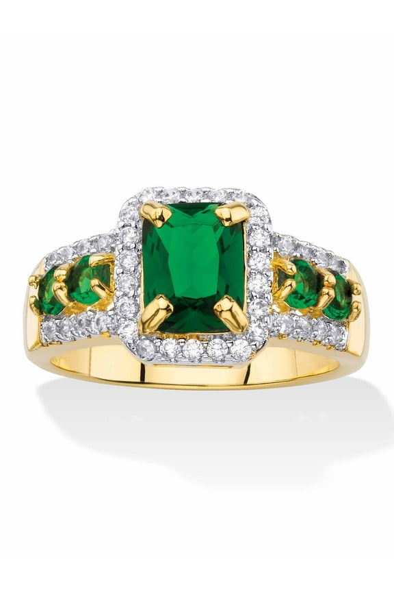 Emerald-Cut Simulated Green Emerald or Red Ruby and Cubic Zirconia Halo Cocktail Ring Yellow Gold-Plated