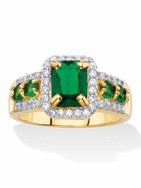 Emerald-Cut Simulated Green Emerald or Red Ruby and Cubic Zirconia Halo Cocktail Ring Yellow Gold-Plated