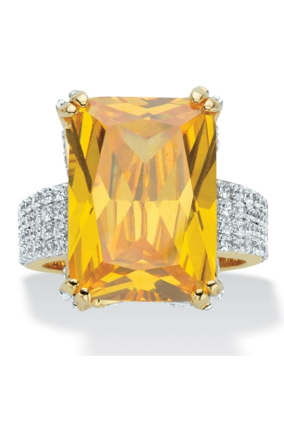 Emerald-Cut Yellow Cubic Zirconia Gold-Plated 21.40 TCW Cocktail Ring with White CZ Accents