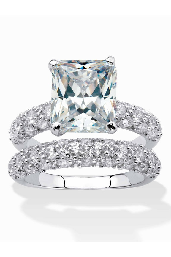 Emerald-Cut and Pave Cubic Zirconia 2-Piece Wedding Ring Set 6.50 TCW Gold-Plated or Platinum-Plated