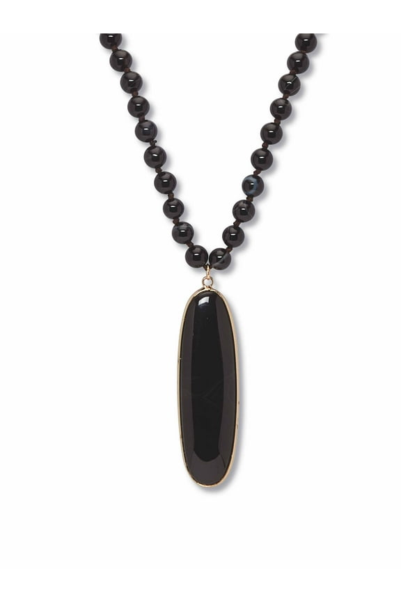 Genuine Black Agate Goldtone Bezel Set Oval Cabochon Beaded Necklace 34 Inch