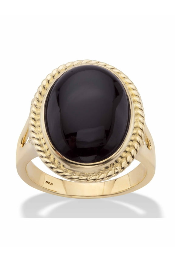 Genuine Black Onyx Oval Cabochon Banded Halo Ring in 14k Gold-plated Sterling Silver