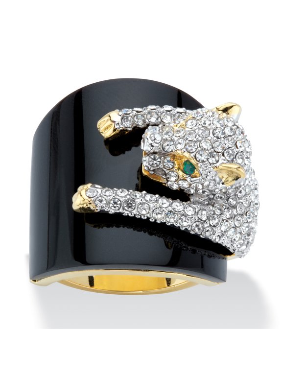 Genuine Black Onyx and Round Crystal Leopard Cocktail Ring with Green Crystal Accents Gold-Plated