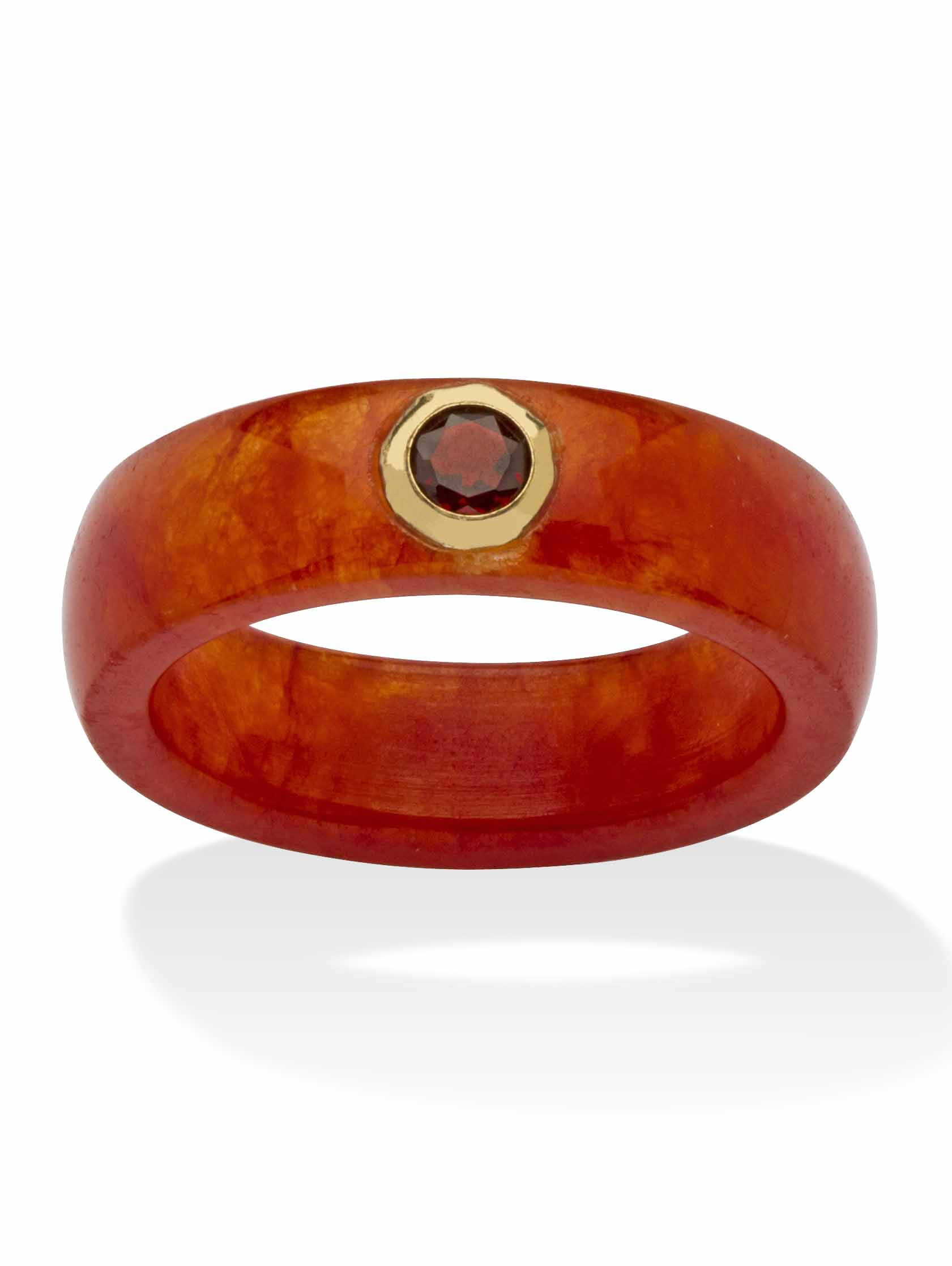 PalmBeach Jewelry Genuine Black or Red or Green Jade with White Topaz or Red Garnet or Green Peridot Accen 10k Yellow Gold Band Ring
