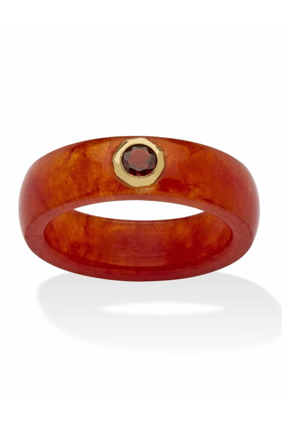 Genuine Black or Red or Green Jade with White Topaz or Red Garnet or Green Peridot Accen 10k Yellow Gold Band Ring