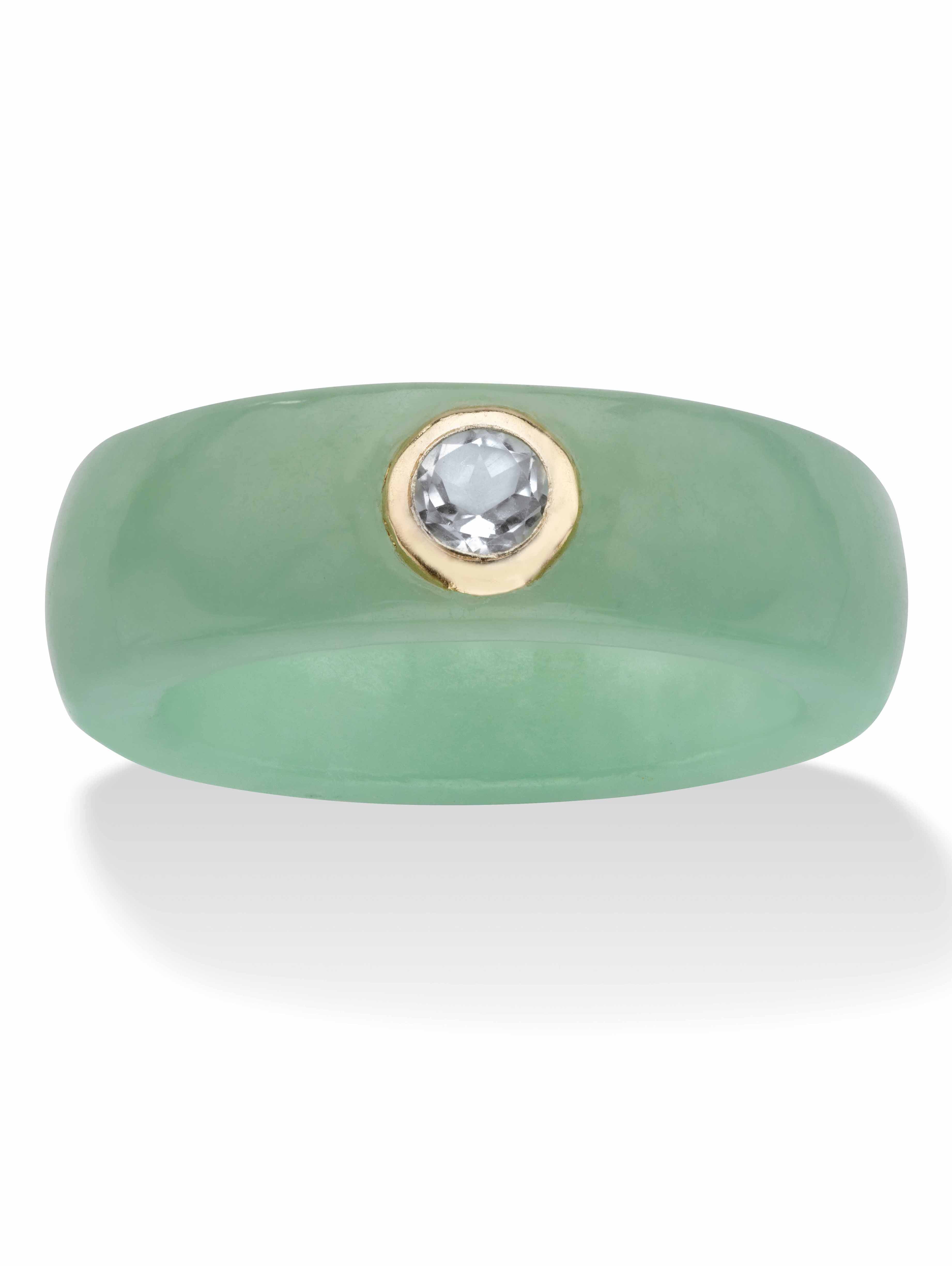 PalmBeach Jewelry Genuine Black or Red or Green Jade with White Topaz or Red Garnet or Green Peridot Accen 10k Yellow Gold Band Ring