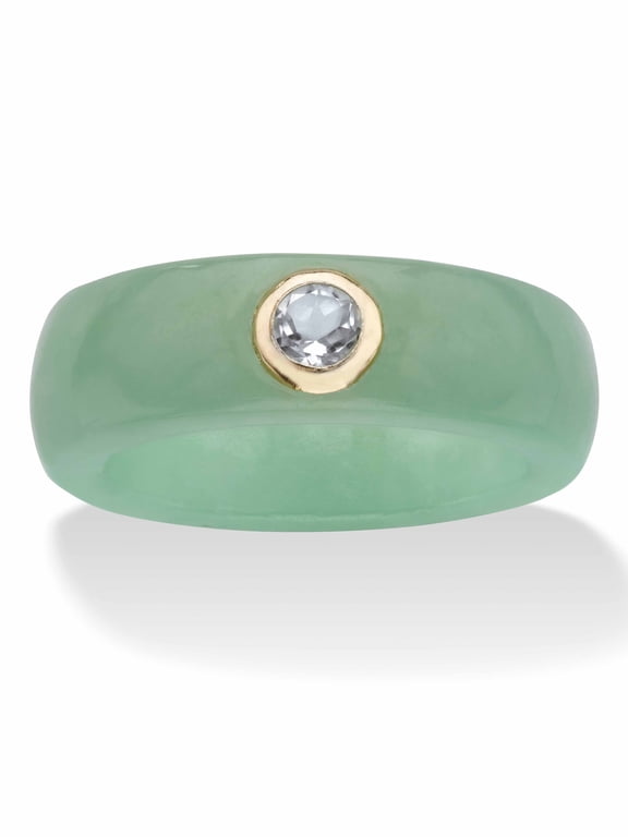 Genuine Black or Red or Green Jade with White Topaz or Red Garnet or Green Peridot Accen 10k Yellow Gold Band Ring