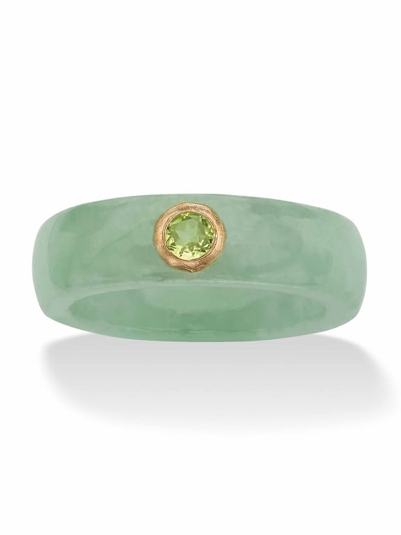 Genuine Black or Red or Green Jade with White Topaz or Red Garnet or Green Peridot Accen 10k Yellow Gold Band Ring