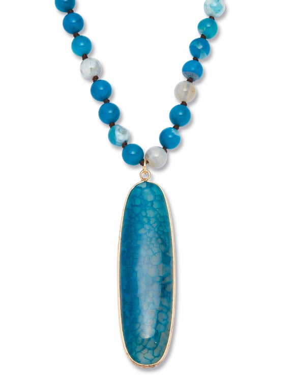 Genuine Blue Agate Cabochon Goldtone Drop Necklace, 34 inches