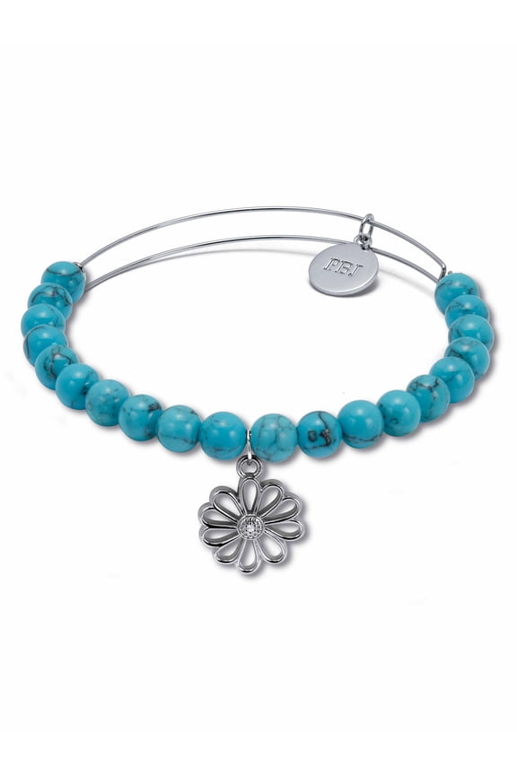 Genuine Blue Turquoise Silvertone Heart Charm Bangle, 7.5 Inches