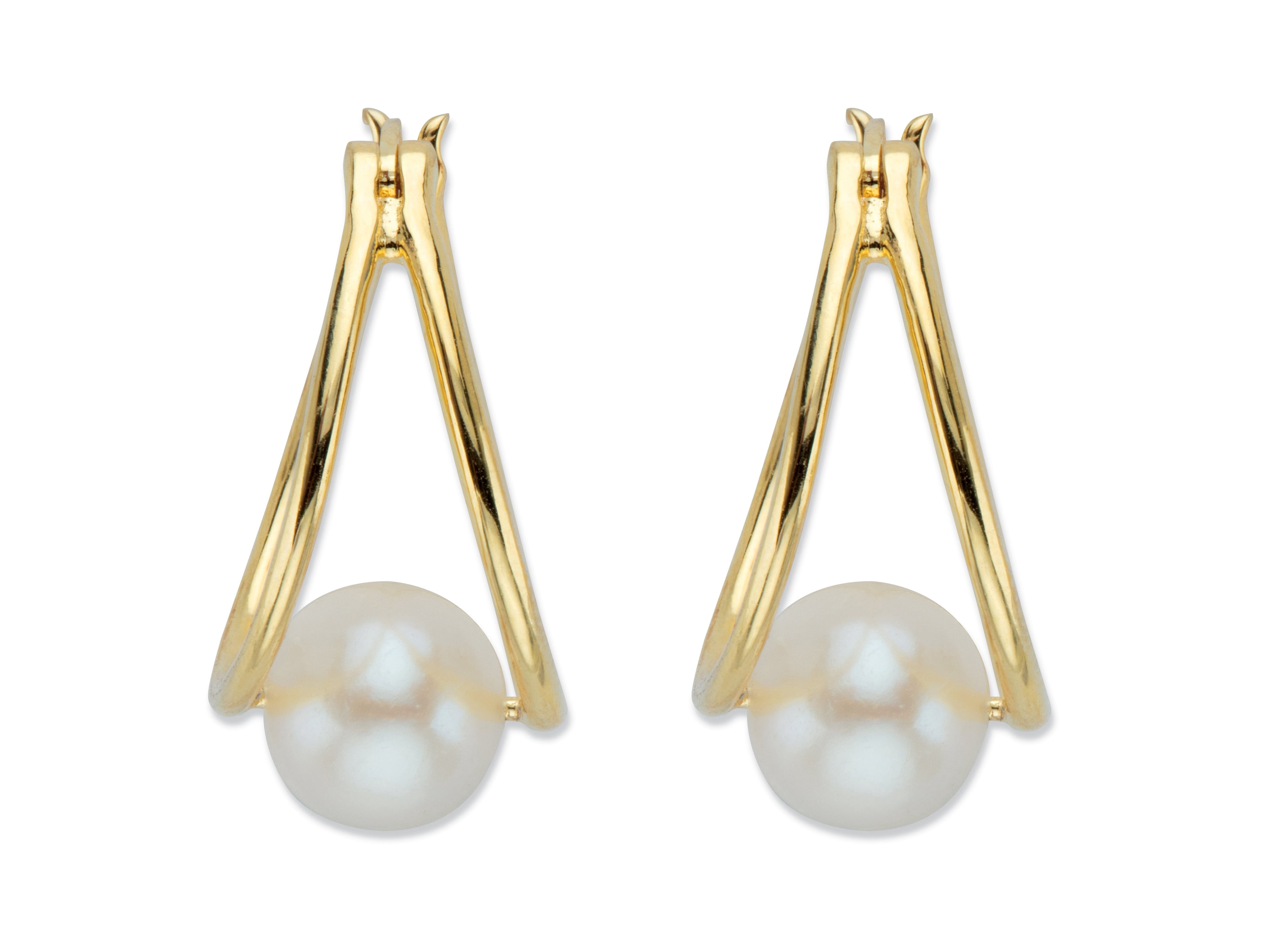 PalmBeach Jewelry Genuine Cultured Freshwater Pearl Double Hoop Earrings in 14k Gold-plated Sterling Silver