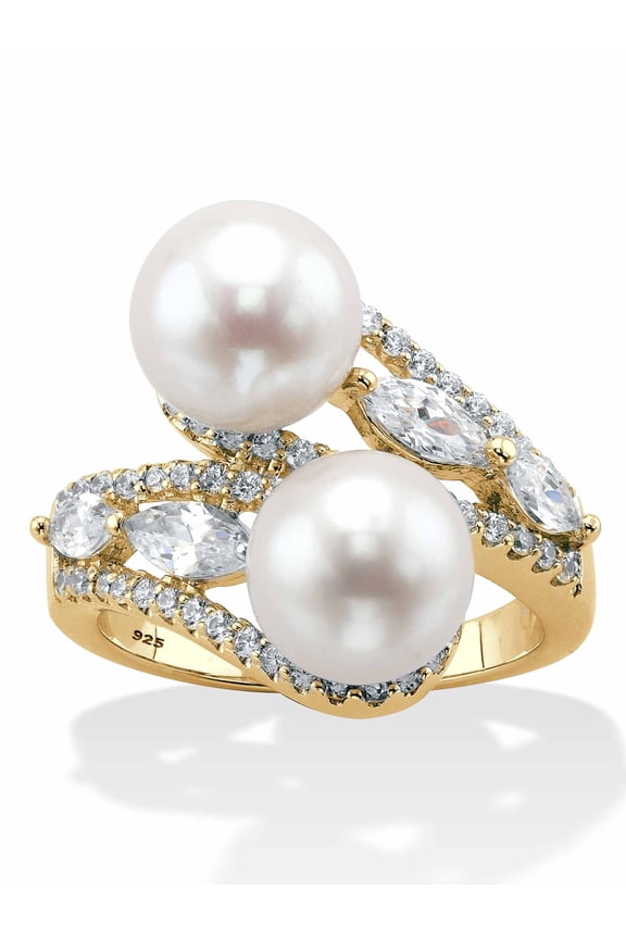 Genuine Cultured Freshwater Pearl and Cubic Zirconia Bypass Ring 1.30 TCW in Gold-Plated or Sterling Silver
