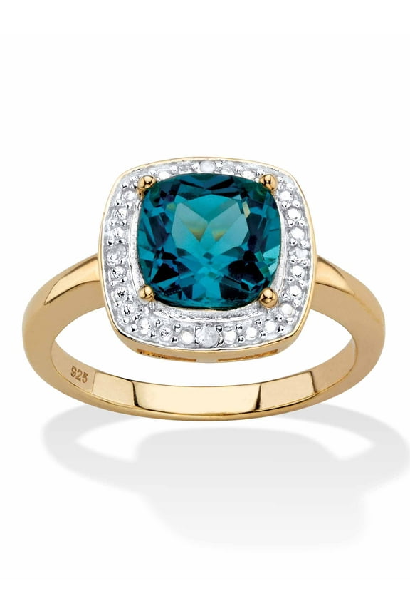 Genuine Cushion-Cut Gemstone and Diamond Accent Pave-Style Halo Ring in Yellow Gold-Plated Sterling Silver