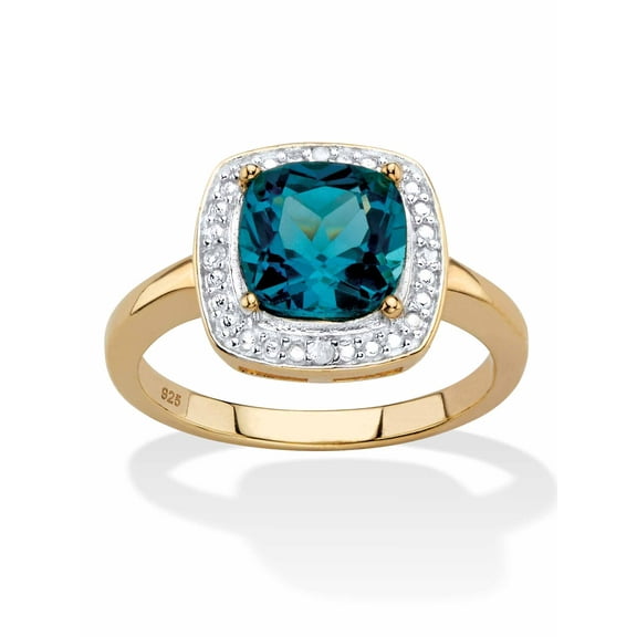 PalmBeach Jewelry Genuine Cushion-Cut Gemstone and Diamond Accent Pave-Style Halo Ring in Yellow Gold-Plated Sterling Silver