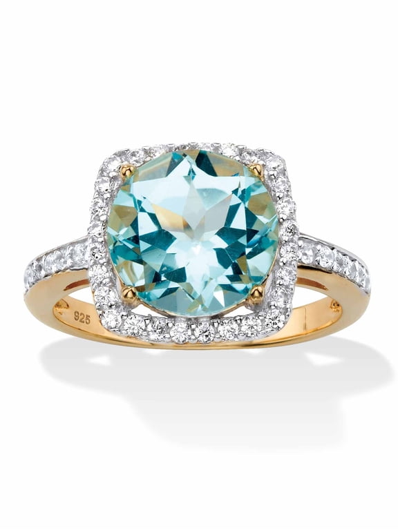 Genuine Gemstone and Cubic Zirconia Halo Cocktail Ring in Gold-Plated or Platinum-Plated Sterling Silver