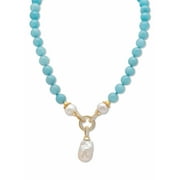 PalmBeach Jewelry Genuine Green Jade Black Agate or Blue Amazonite & Removable Keshi Pearl Drop Necklace With CZ Accents (1.72 TCW) Gold-Plated 20" Length